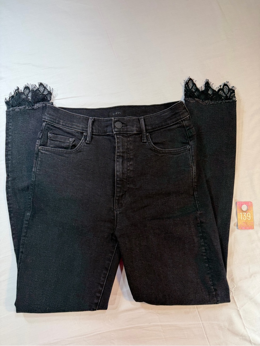 MOTHER Black Skinny Jeans with Lace Hem